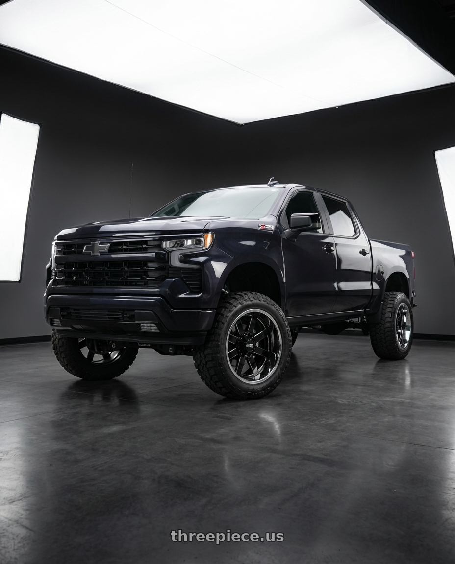 2023 Chevrolet Silverado 1500 with Moto Metal MO200 6X139.7 22X12 -44 GLOSS BLACK MILLED CENTER CHROME LIP wheels