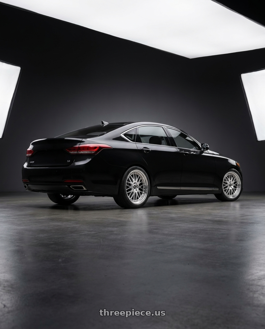 2016 hyundai genesis 3 8 with Work Lanvec Lm1 5x114.3 19x8.5+38 O Disk Machine Silver Polish wheels rear three quarter view square tires