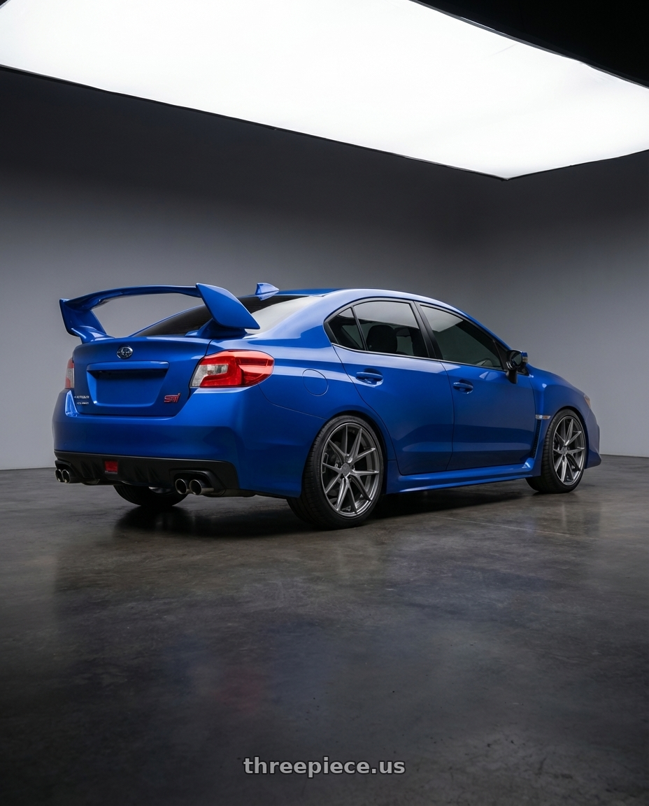 2018 Subaru WRX STI with Niche 1PC M116 MISANO 5X114.3 18X9.5 +40 MATTE GUN METAL wheels rear three quarter view square tires