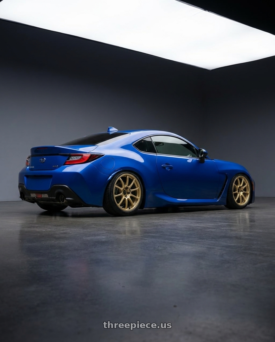 2024 Subaru BRZ with Advan RCIII 5x114.3 18x8.5+38 Gold wheels rear three quarter view slight stretch tires