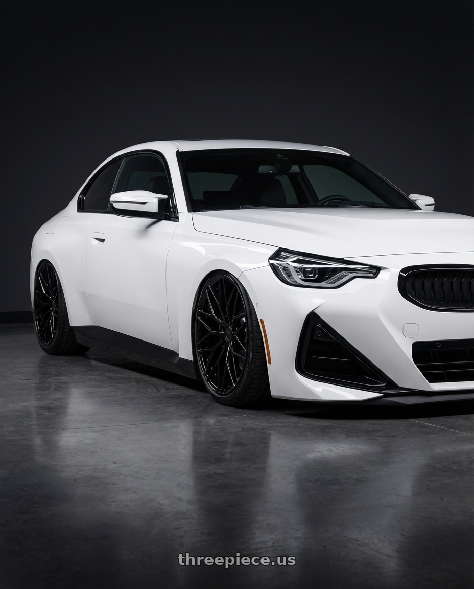 2024 BMW 2 Series G42 with Avant Garde Wheels M520R 5X112 19x8.5 +35 Gloss Black wheels front three quarter view stanced stance