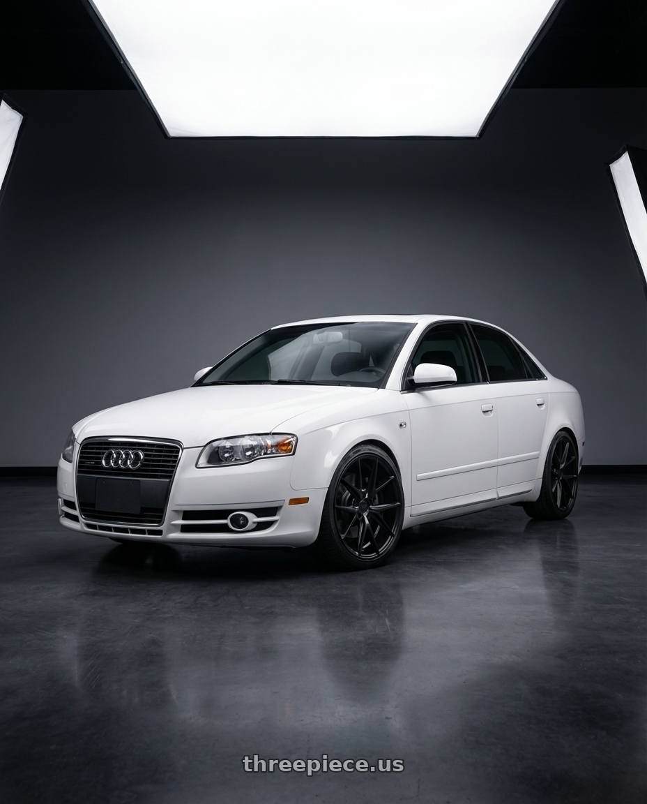 2010 Audi A4 B7 with Niche 1PC M117 MISANO 5X112 18X9.5 +48 MATTE BLACK wheels front three quarter view lowered stance