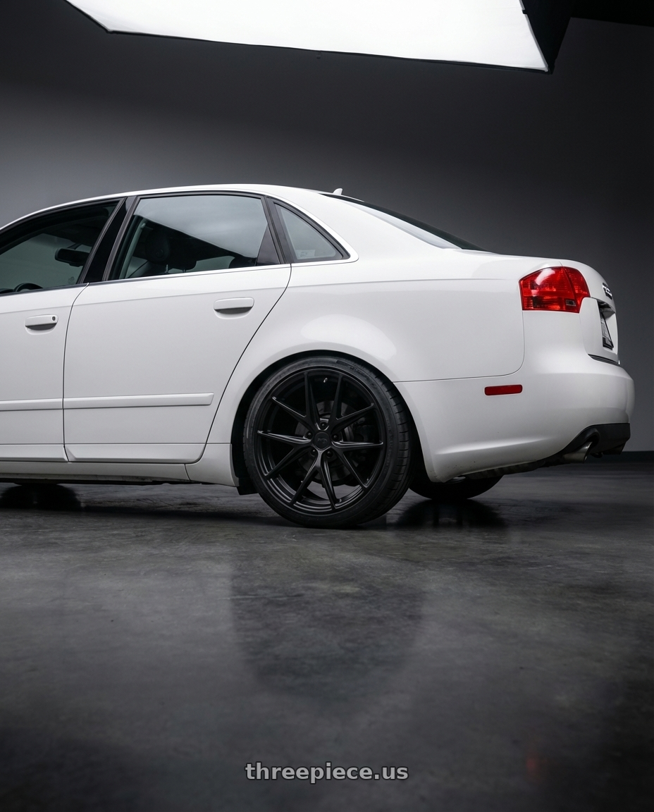2010 Audi A4 B7 with Niche 1PC M117 MISANO 5X112 18X9.5 +48 MATTE BLACK wheels rear three quarter view square tires