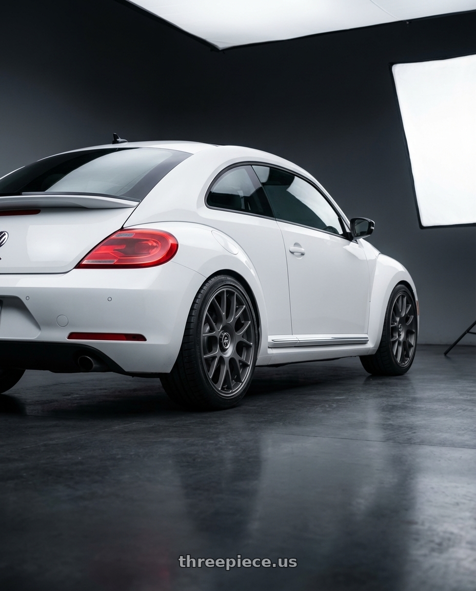 2016 Volkswagen Beetle Turbo with fifteen52 APEX 5x112 / 5x120 18x8.5 +35 FROSTED GRAPHITE (SATIN GREY) wheels rear three quarter view square tires