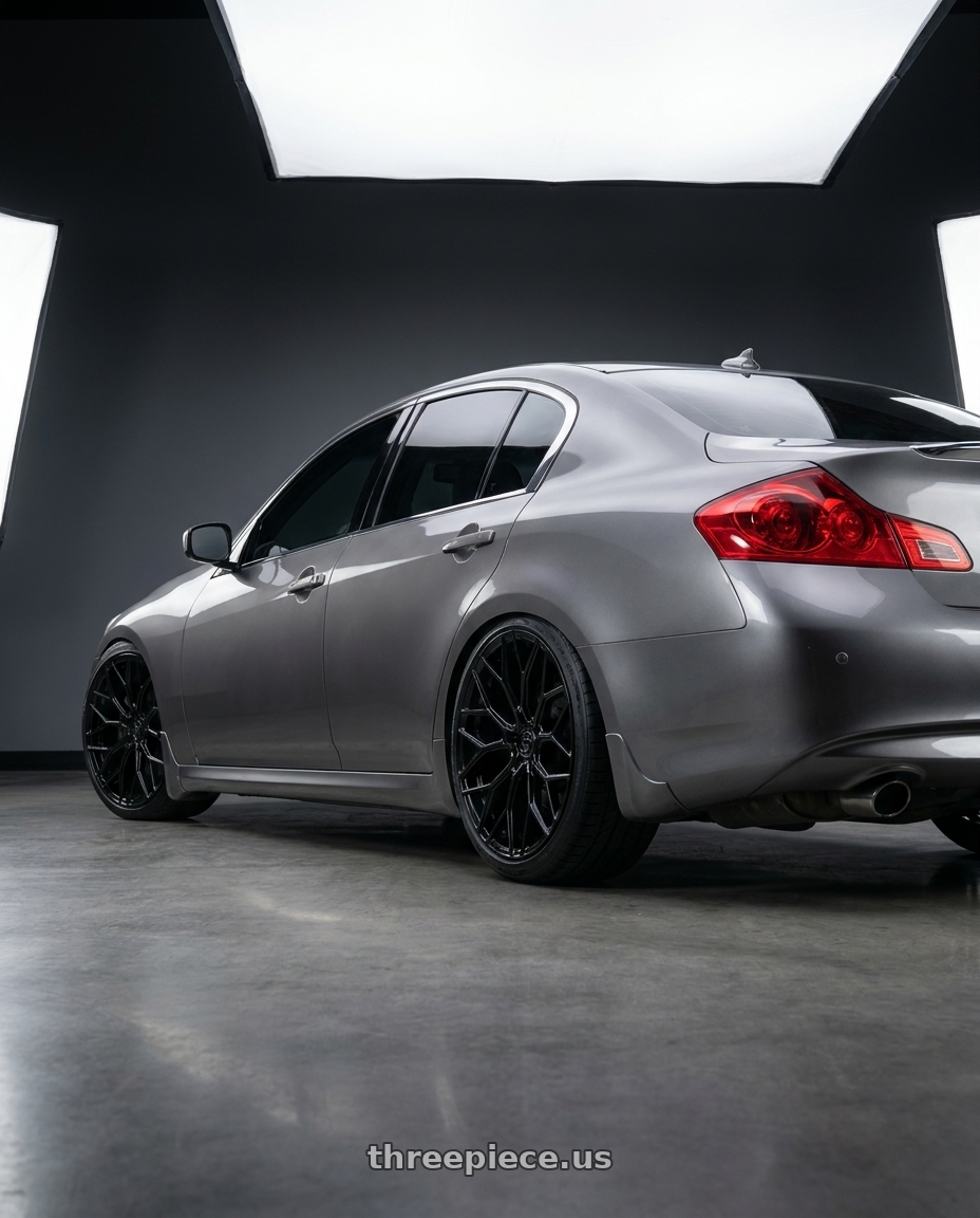 2011 infiniti g37 sedan with DOLCE PERFORMANCE PISTA 5x112 19x8.5 +28 Gloss Black wheels rear three quarter view square tires