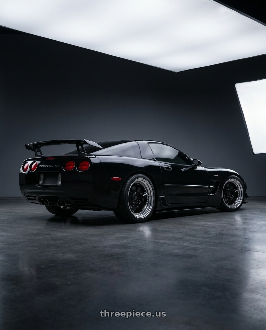 Chevy corvette 2004 with Work Meister S1 3P 5x120.65 19x9+51 L Disk Black wheels rear three quarter view square tires