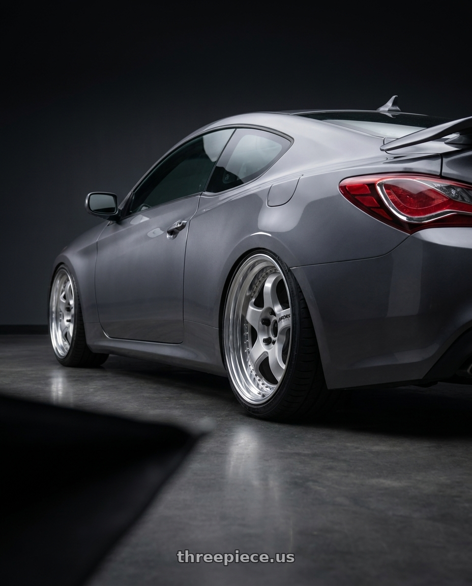 2011 Hyundai Genesis coupe with Work Meister S1 3P 4x100 17x8.5+29 W Disk Silver wheels rear three quarter view square tires