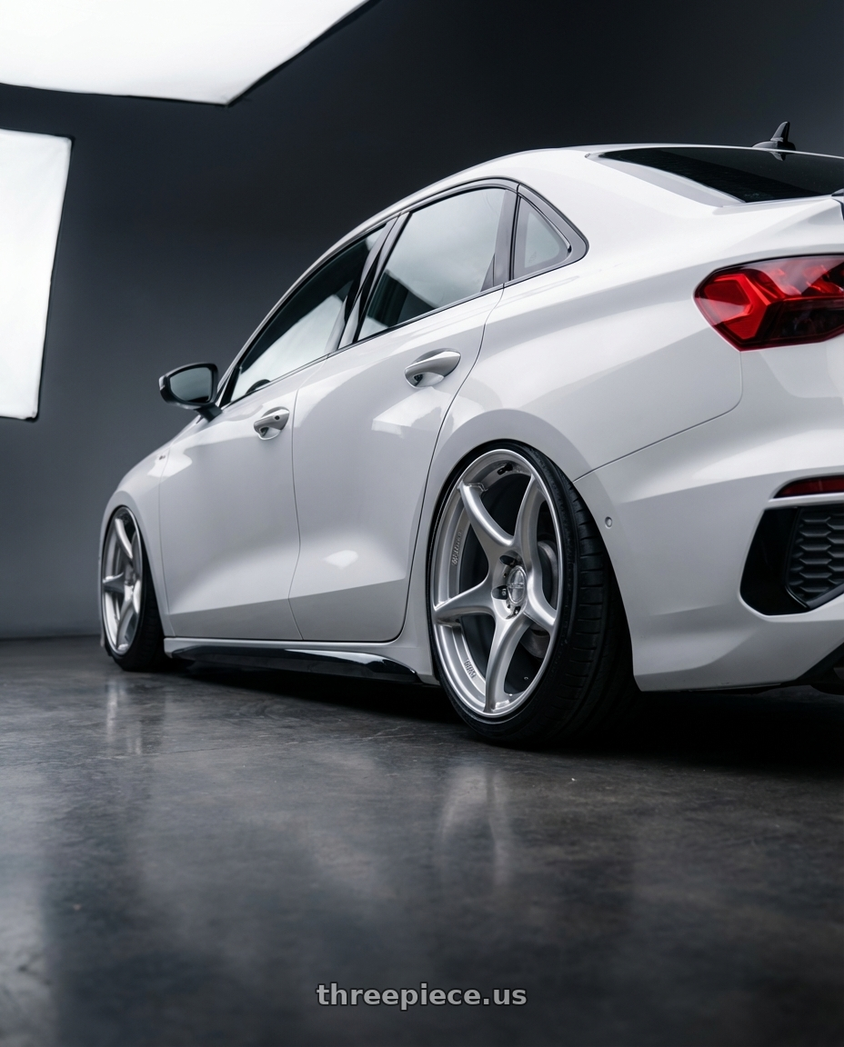 2024 Audi S3 8Y with Kansei K11S Tandem 5X112 19x10.5 22 Hyper Silver wheels rear three quarter view slight stretch tires