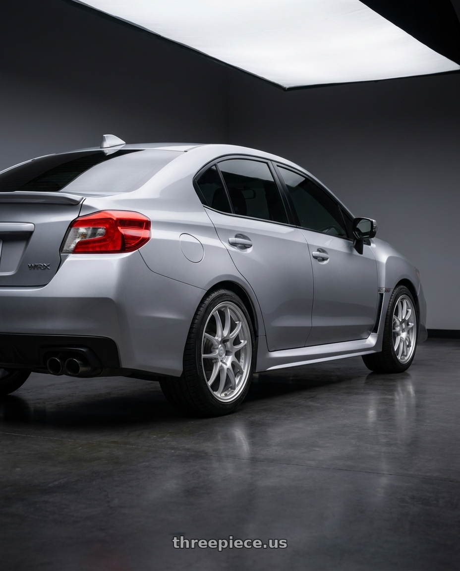 2018  SUBARU  WRX with Enkei PF01 5x114.3 18x8.5+35 Silver wheels rear three quarter view square tires