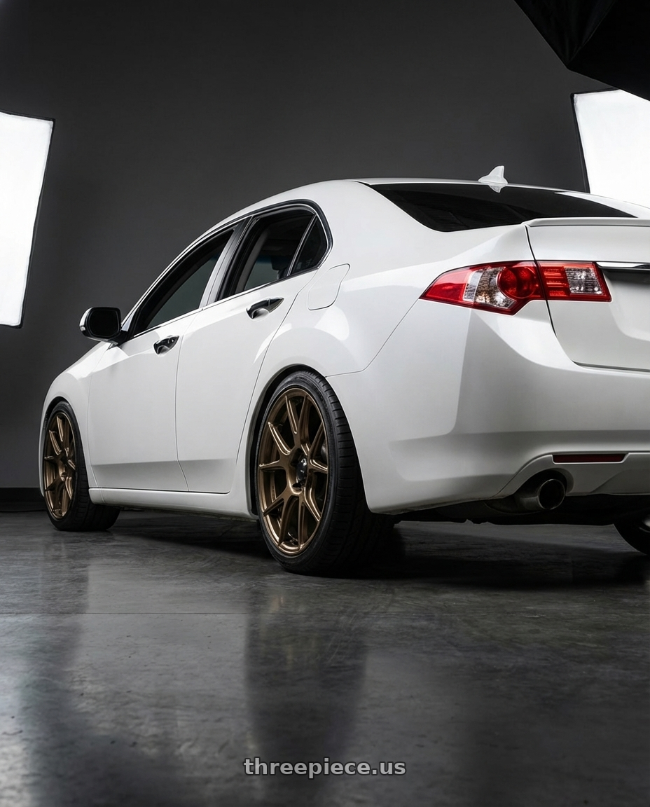 2013 Acura TSX with Konig Ampliform 5x114.3 18x10+20 Gloss Bronze wheels rear three quarter view square tires