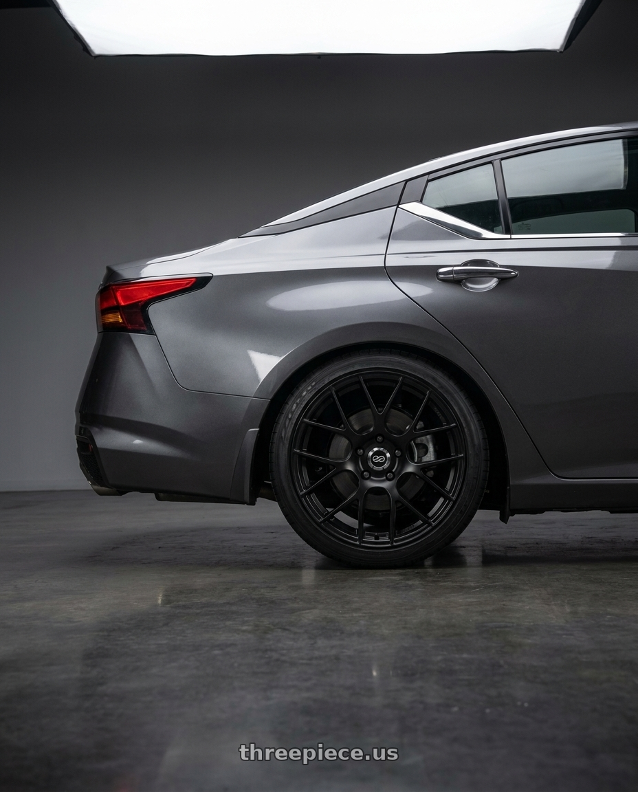 2021 Nissan Altima SV with Enkei Raijin 5x114.3 18x8+40 Matte Black wheels rear three quarter view square tires