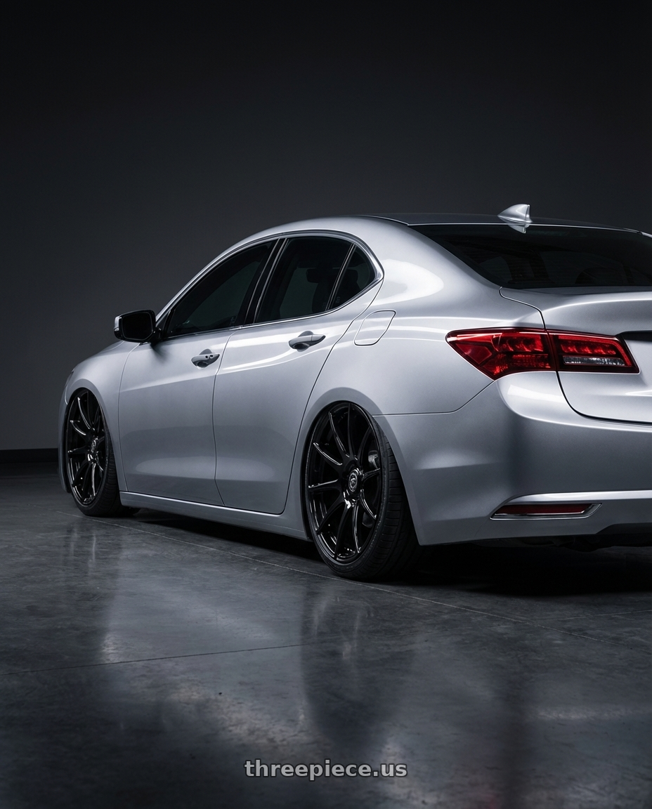 2019 Acura TLX with Forgestar CF10 5x114.3 20x9.5 +29 Gloss Black wheels rear three quarter view slight stretch tires