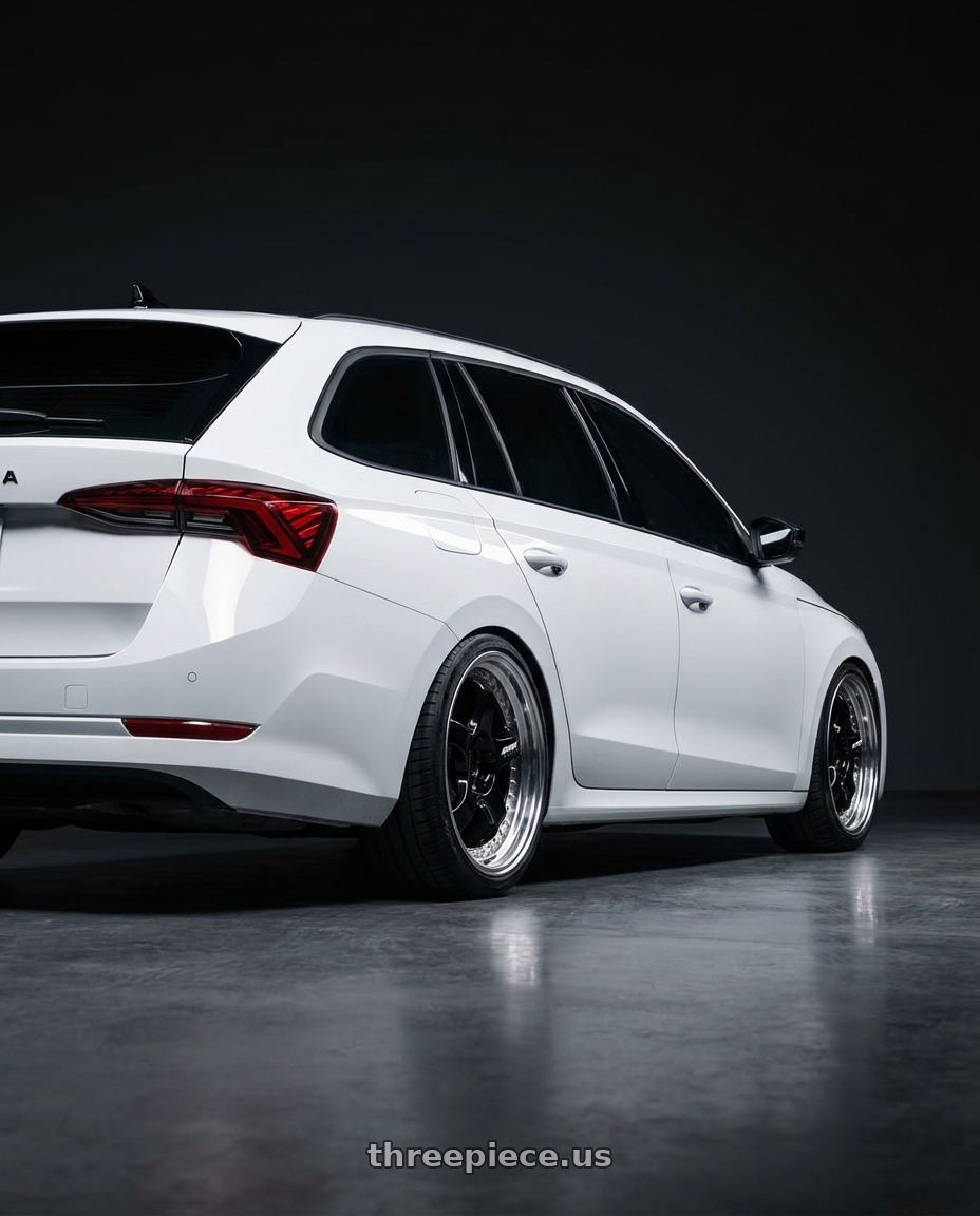 2025 SKODA OCTAVIA with Work Meister S1 3P 5x100 18x8.5+41 A Disk Black wheels rear three quarter view slight stretch tires