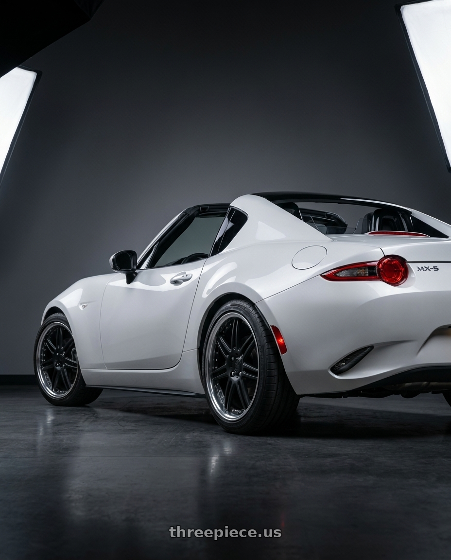 2026 Mazda Miata MX-5 Grand Touring with Work Rizaltado Spoke 2 4x100 16x7+45 A Disk Matte Black wheels rear three quarter view square tires