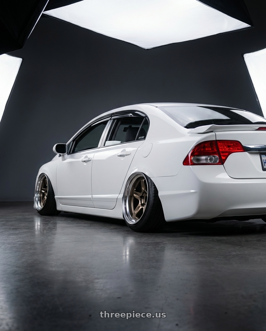 2008 Honda Civic SI with Volk Racing 21C SPEC-SR 5x114.3 18x10.5 +15 SHINING BRONZE METAL / RIM DC wheels rear three quarter view extreme stretch tires