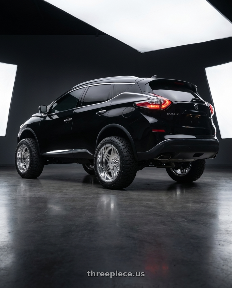 2017 nissan murano  with American Truxx Forged Orion ATF1908 8x180 24x14-76 Polished wheels rear three quarter view meaty tires