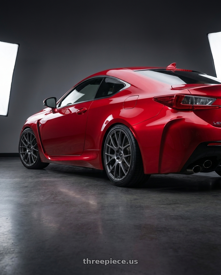 2018 Lexus RC F with Ssr Gtv04 5x114.3 19×8.5x8.5+45  METALLIC GRAY wheels rear three quarter view square tires