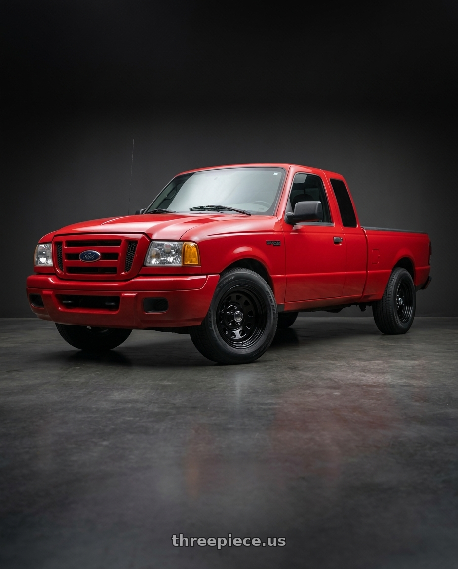 2006 Ford Ranger STX with Vision HD 84H 5x114.3 15x7-6 Gloss Black wheels front three quarter view stock stance