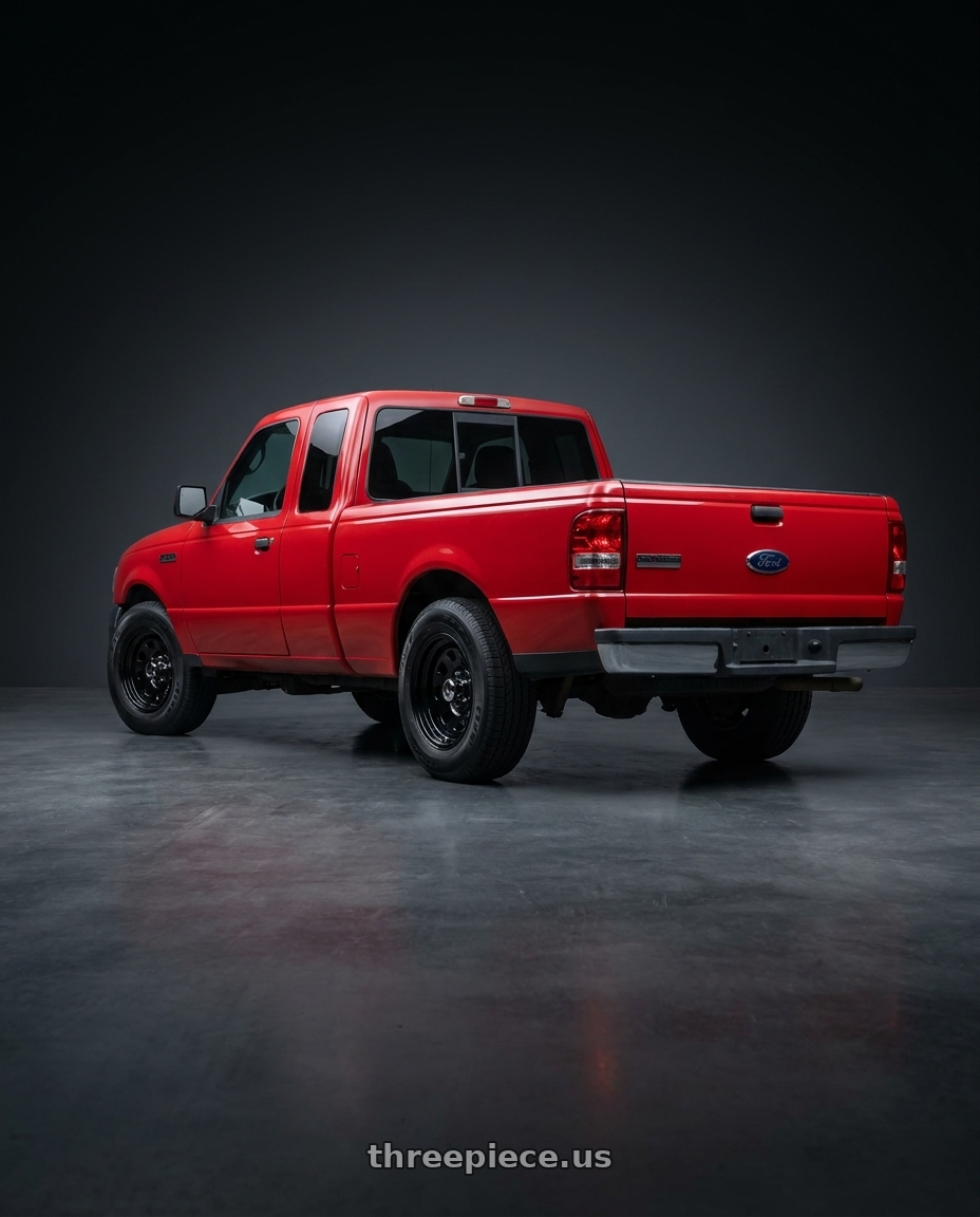 2006 Ford Ranger STX with Vision HD 84H 5x114.3 15x7-6 Gloss Black wheels rear three quarter view slight stretch tires