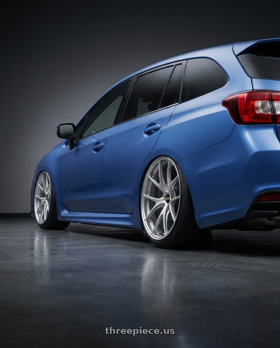 2018 Subaru LEVORG GTS with BBS RI-A 5x130 18x8.5+48 Diamond Silver wheels rear three quarter view extreme stretch tires