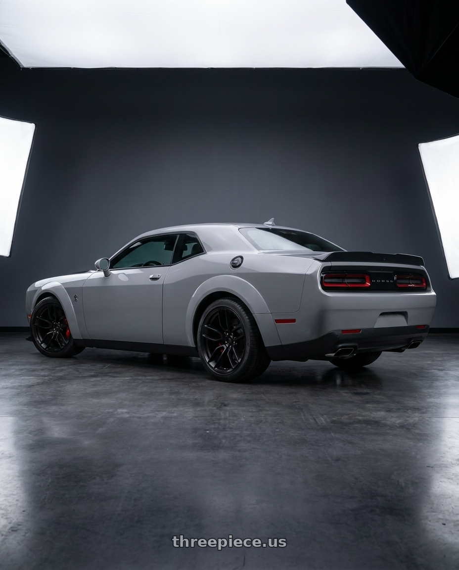 2021 dodge challenger with OE Wheels DG23 5x115 20x9+18 Satin Black wheels rear three quarter view square tires