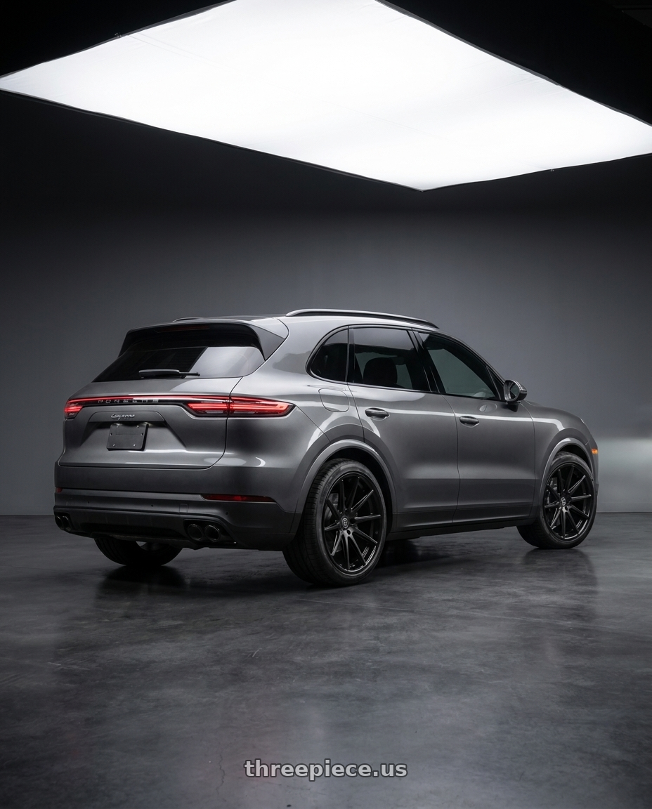 2019 Porsche Cayenne with Rohana RFC10 5x112 20x9+35 Matte Black/Gloss Black Lip wheels rear three quarter view square tires