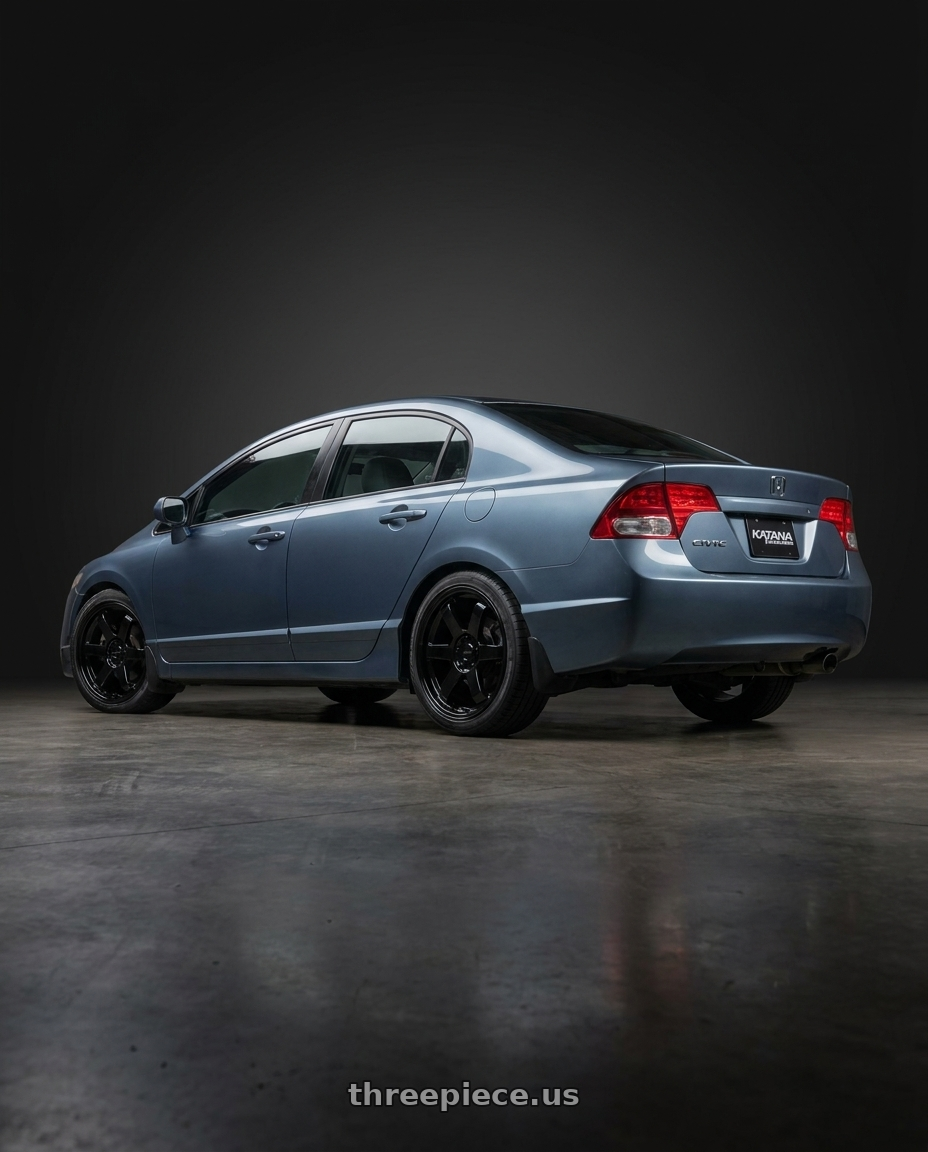 2010 Honda civic with KATANA RACING KR08 5x114.3 18x8 +40 Glossy Black wheels rear three quarter view square tires