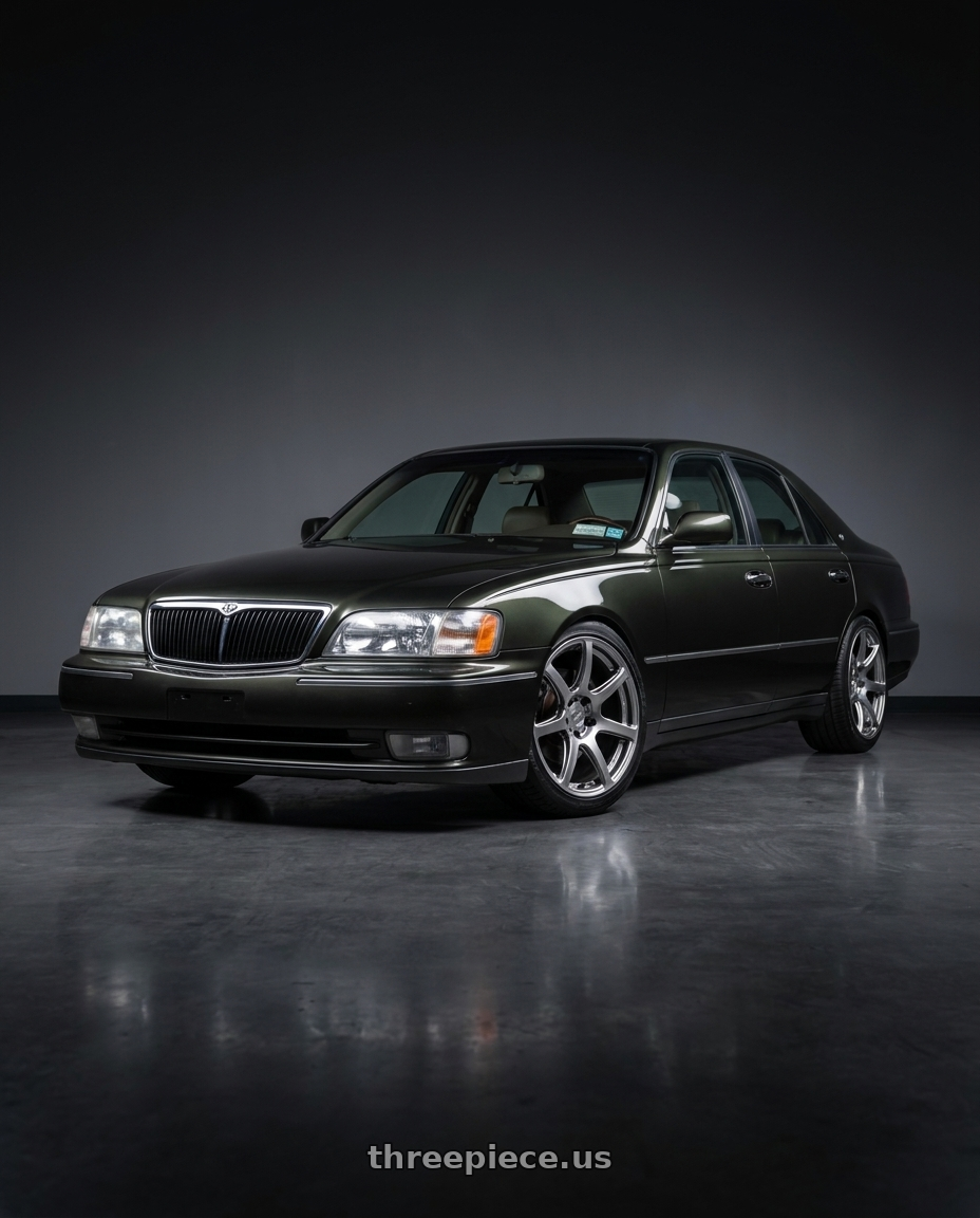 1998 Infiniti Q45t cypress pearl with Work Emotion T7r 5x100 18x10.5 +12 Gt Silver wheels
