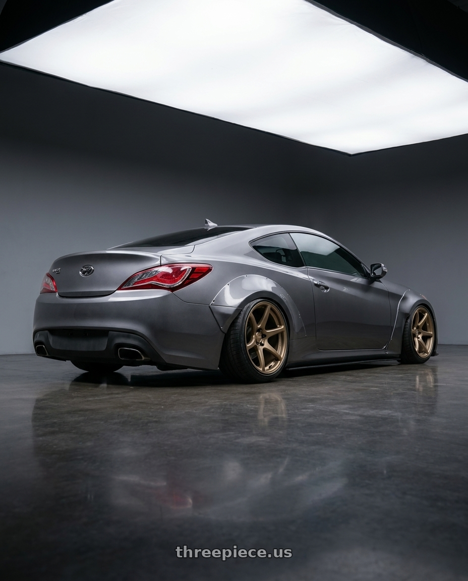 2014 Hyundai Genesis Coupe with Kansei K11B Tandem 5x114.3 19x10.5 22 Bronze wheels rear three quarter view slight stretch tires