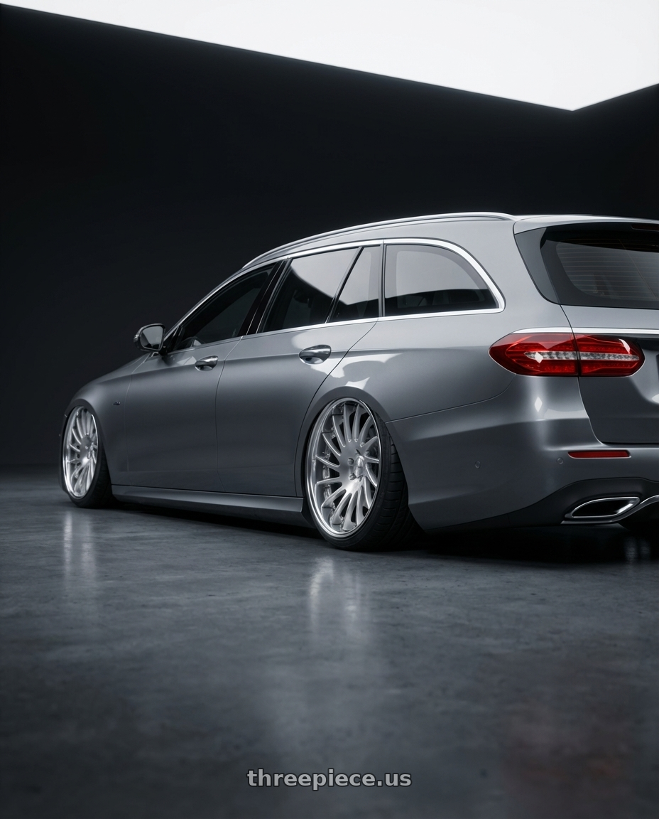 2020 mercedes e300de  with SSR CV05 5X112 19X9.5+43 SCSL Disk Crystal Silver wheels rear three quarter view square tires