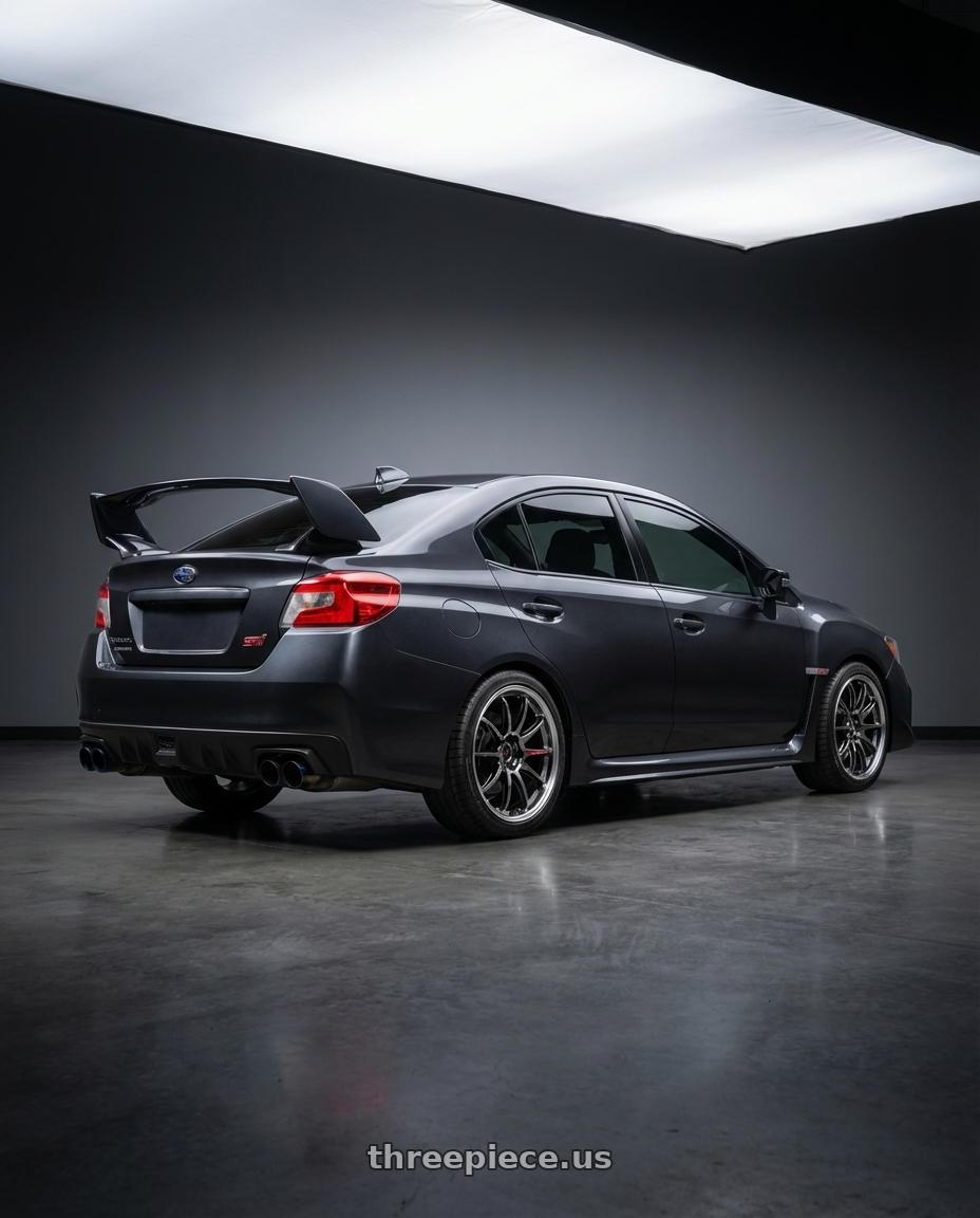 2016 Subaru WRX STI with Work Emotion Zr10 5x100 17x7 +38 Glim Black Diamond Rim cut wheels rear three quarter view square tires