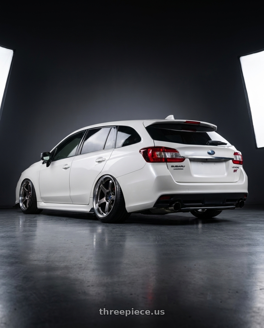 2020 Subaru levorg STI white  with Advan Racing GT BEYOND 5x114.3 18x9.0 +25 MACHINING & HYPER PLATINUM BLACK wheels rear three quarter view extreme stretch tires