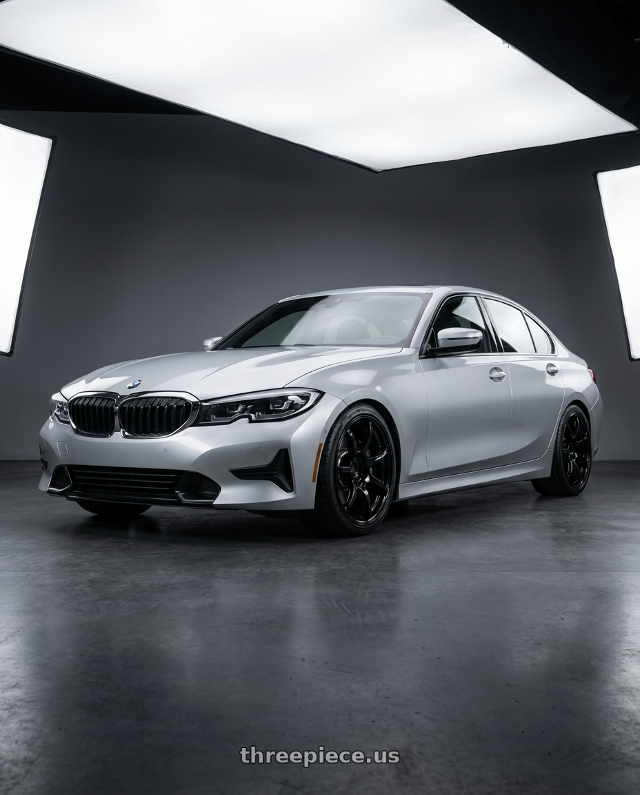 2023 BMW 3 Series G20 with Advan RGIII 5x112 19x8.5+45 Gloss Black wheels front three quarter view lowered stance