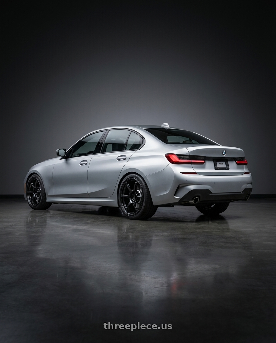 2023 BMW 3 Series G20 with Advan RGIII 5x112 19x8.5+45 Gloss Black wheels rear three quarter view square tires