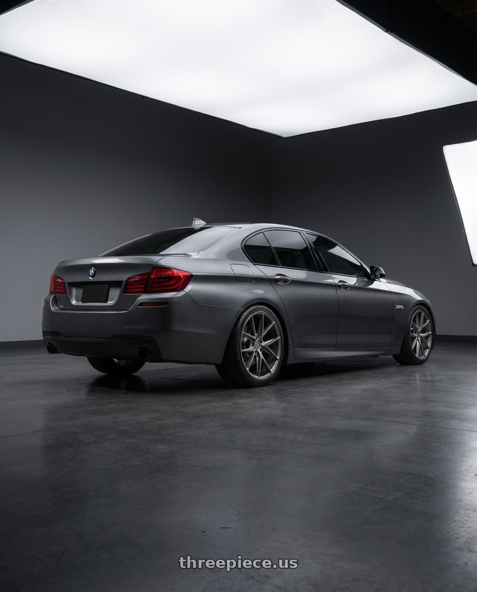 2016 BMW 5 Series F10 with Niche 1PC M116 MISANO 5X120 19X9.5 +35 MATTE GUN METAL wheels rear three quarter view square tires