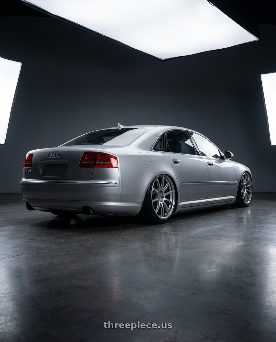 2007 Audi S8 with Advan Racing RSII 5x130 20x10.0 +40 HYPER SILVER wheels rear three quarter view extreme stretch tires