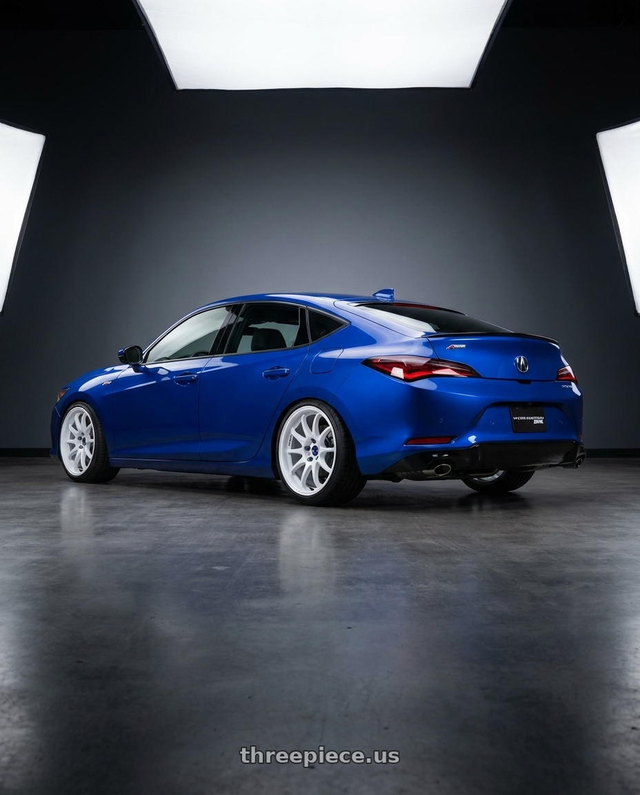 2023 Acura integra a spec with Work Emotion D9r 5x100 18x9.5 +38 White wheels rear three quarter view slight stretch tires