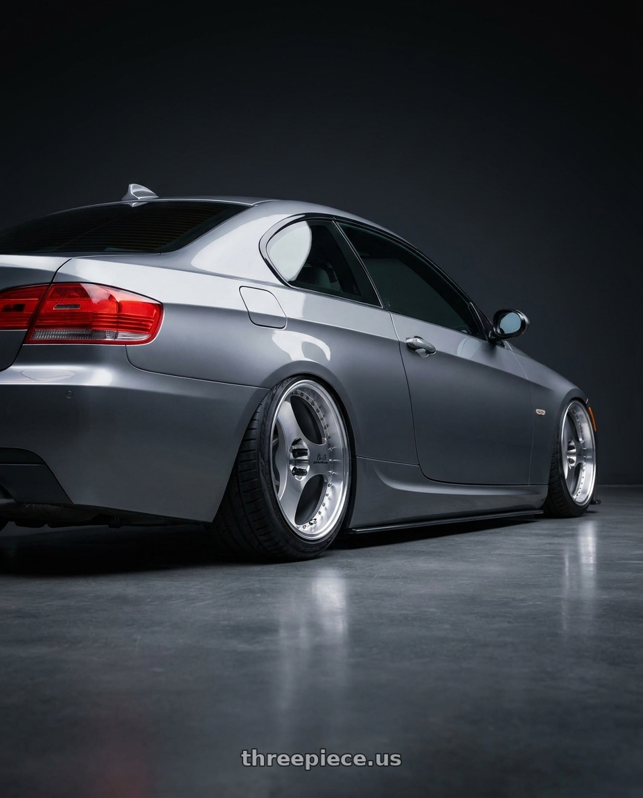 2009 e92 335i m sport highline coupe, space grey with Advan Racing ONI2 PROGRESSIVE 5x114.3 20x10.0 +42 MACHINING & DIAMOND CUT wheels rear three quarter view meaty tires