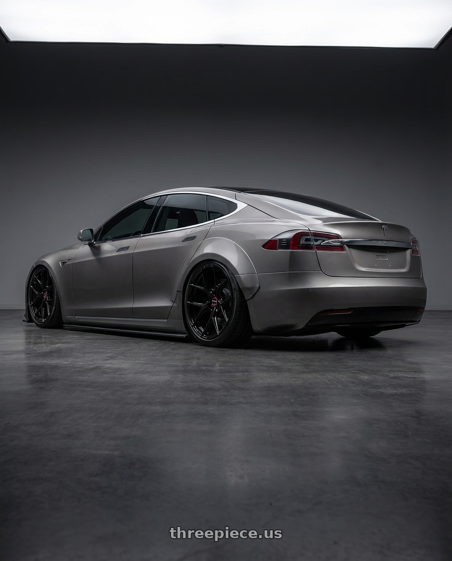 2018 Tesla Model S with Vossen HF-5 21x12 / 5x120 / ET52 / Deep Face / 72.56 - Gloss Black Wheel - HF5-1B36 wheels rear three quarter view slight stretch tires