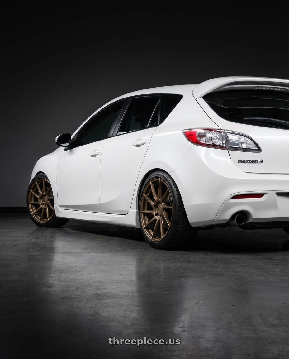 2012 Mazda Mazdaspeed3 with Aodhan AH09 5x114.3 18x9.5 +35 Matte Black wheels rear three quarter view square tires