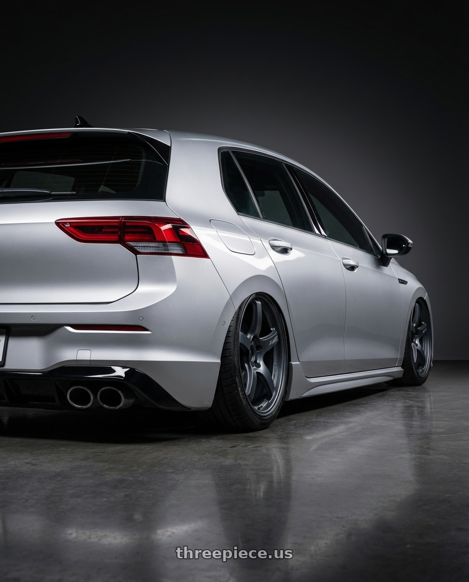 2024 Volkswagen Golf R MK8 with Gram Lights 57CR 5x112 19x8.5+45 Gunblue II wheels rear three quarter view slight stretch tires