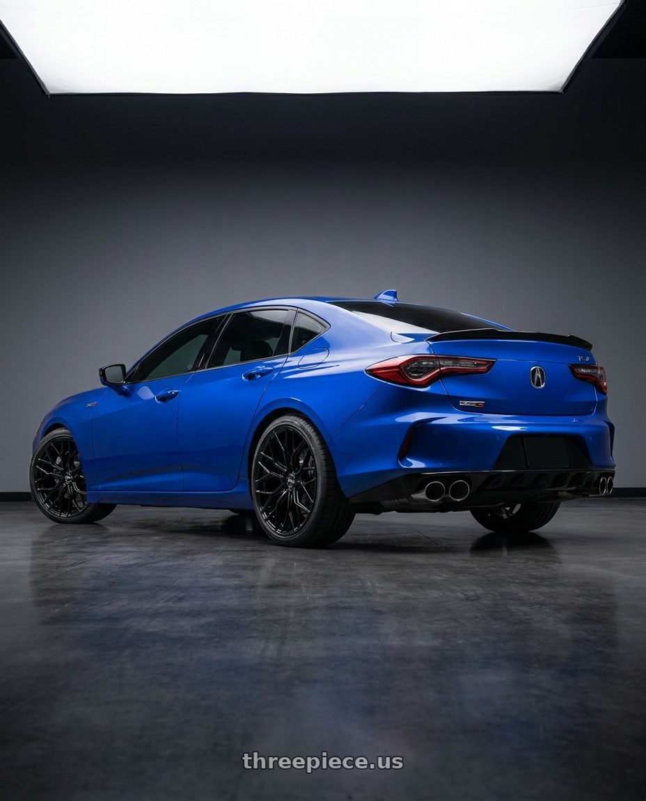 2021 tlx type s apex blue  with F1R FS3 5x120 20x9 +35 Gloss Black wheels rear three quarter view square tires