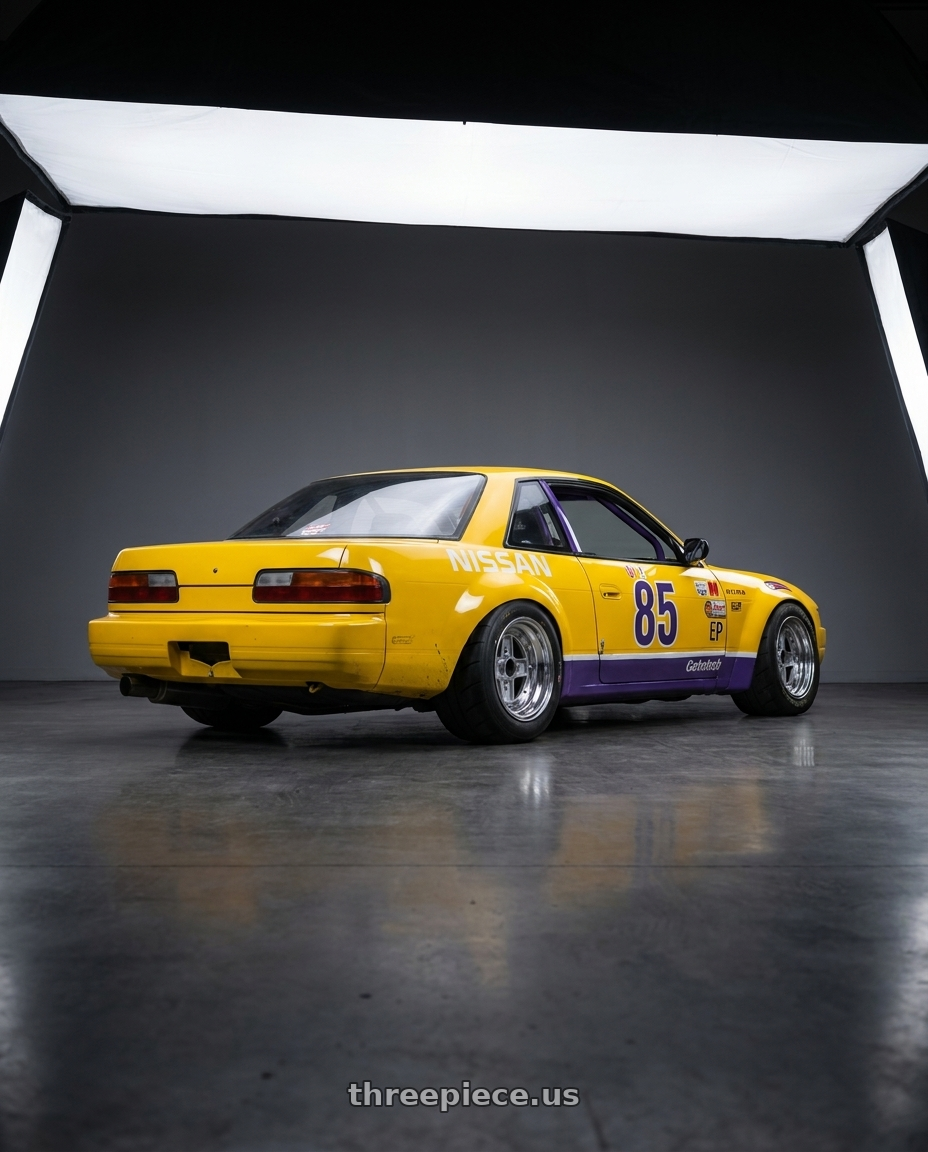 1989 Nissan 240sx Race Car with Speed Star Mk-II 4x114.3 15X7+0  Silver wheels rear three quarter view meaty tires