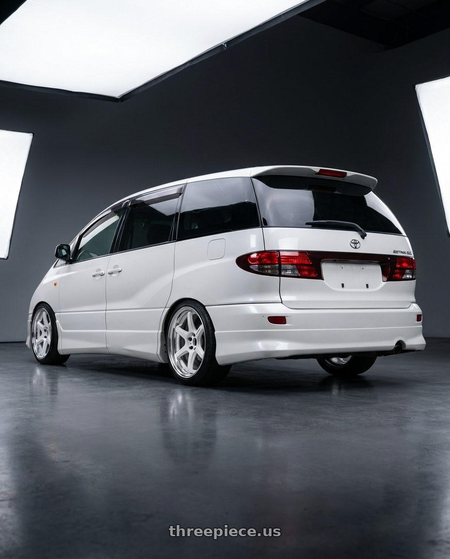 2000 toyota estima acr30w with Work T7r 2P 5x114.3 19x8.0 +38 WHITE wheels rear three quarter view slight stretch tires