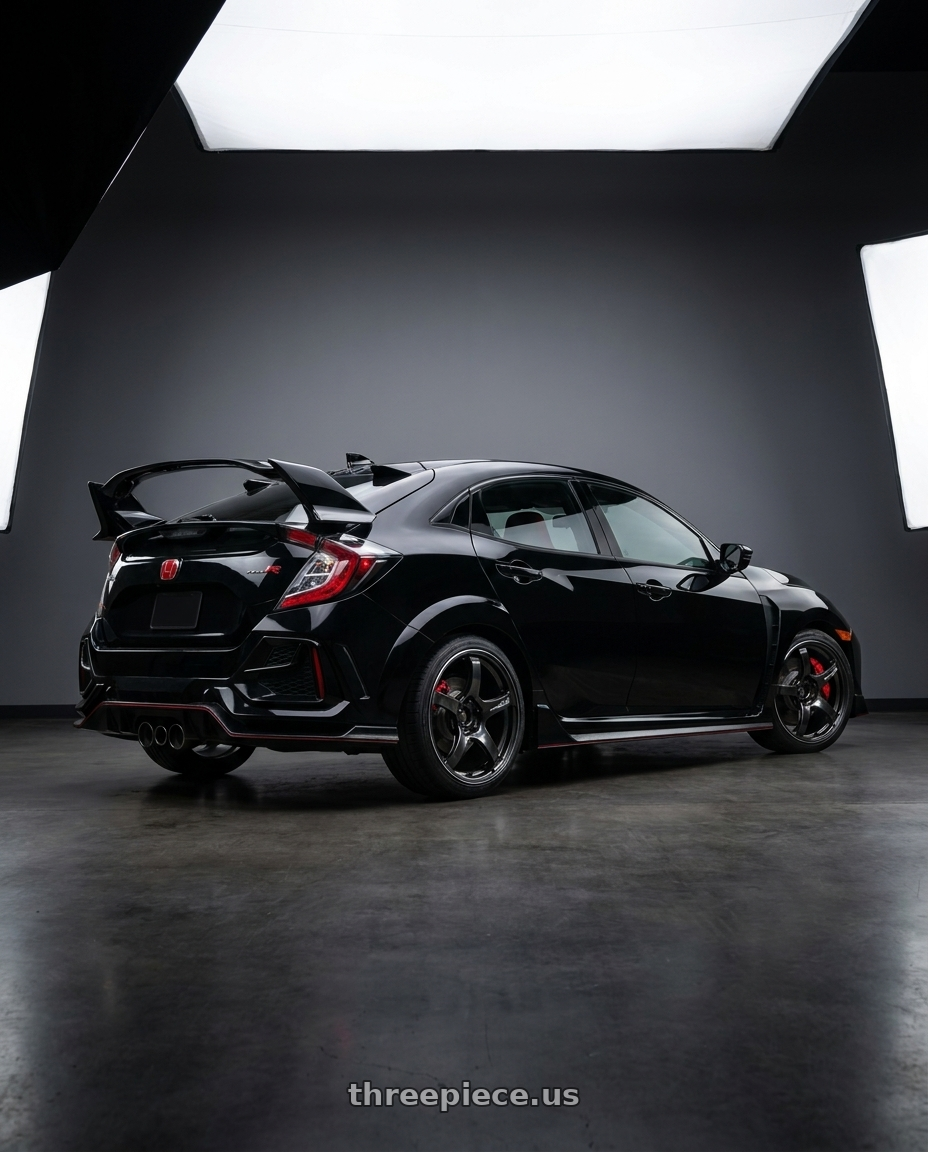 2021 Honda Civic Type R with Advan Racing TC4 5x120 18x9.5 +38 BLACK GUNMETALLIC (NO RING) wheels rear three quarter view square tires