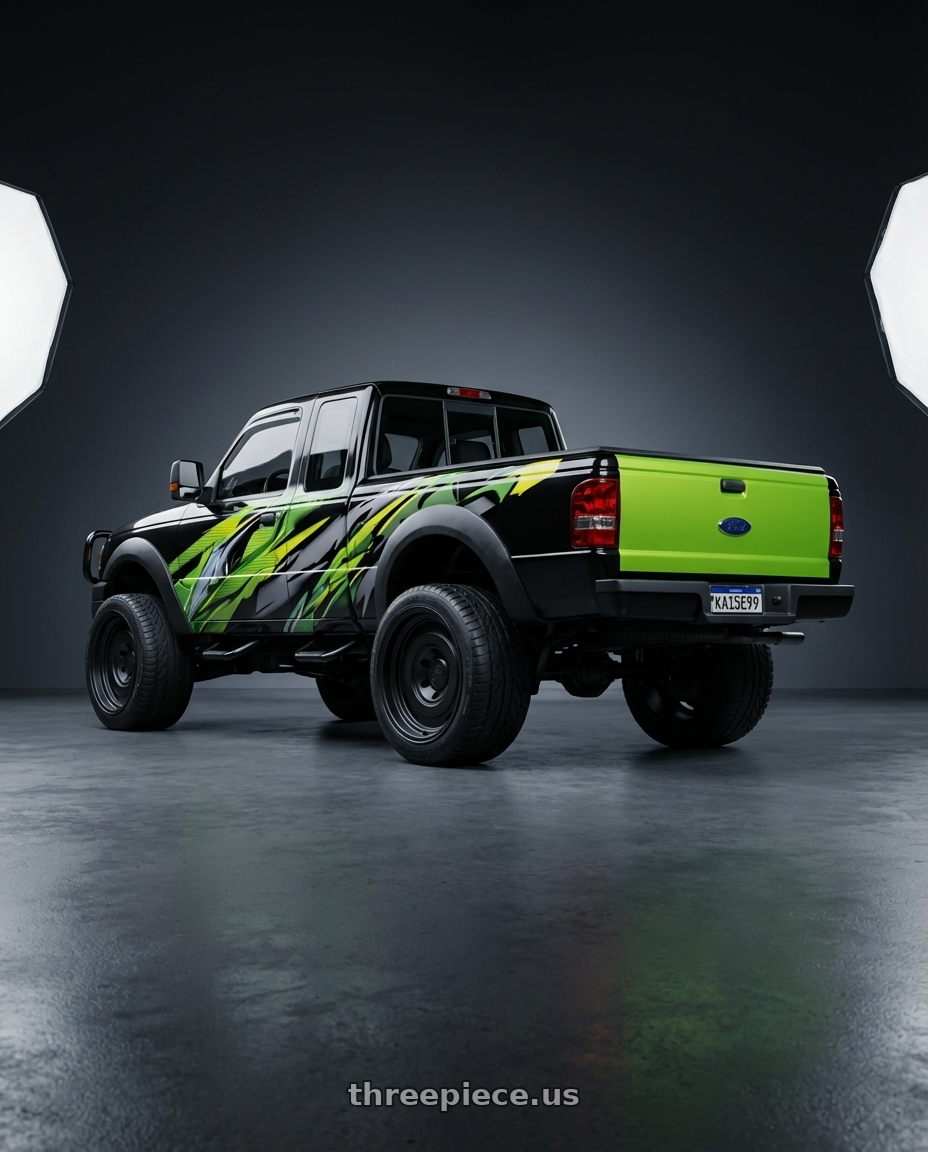 ranger 2005 cabine dupla adesivada com graficos e a tampa traseira verde limão with fifteen52 ANALOG HD 6x139.7 17x8.5 +0 ASPHALT BLACK (SATIN BLACK) wheels rear three quarter view extreme stretch tires