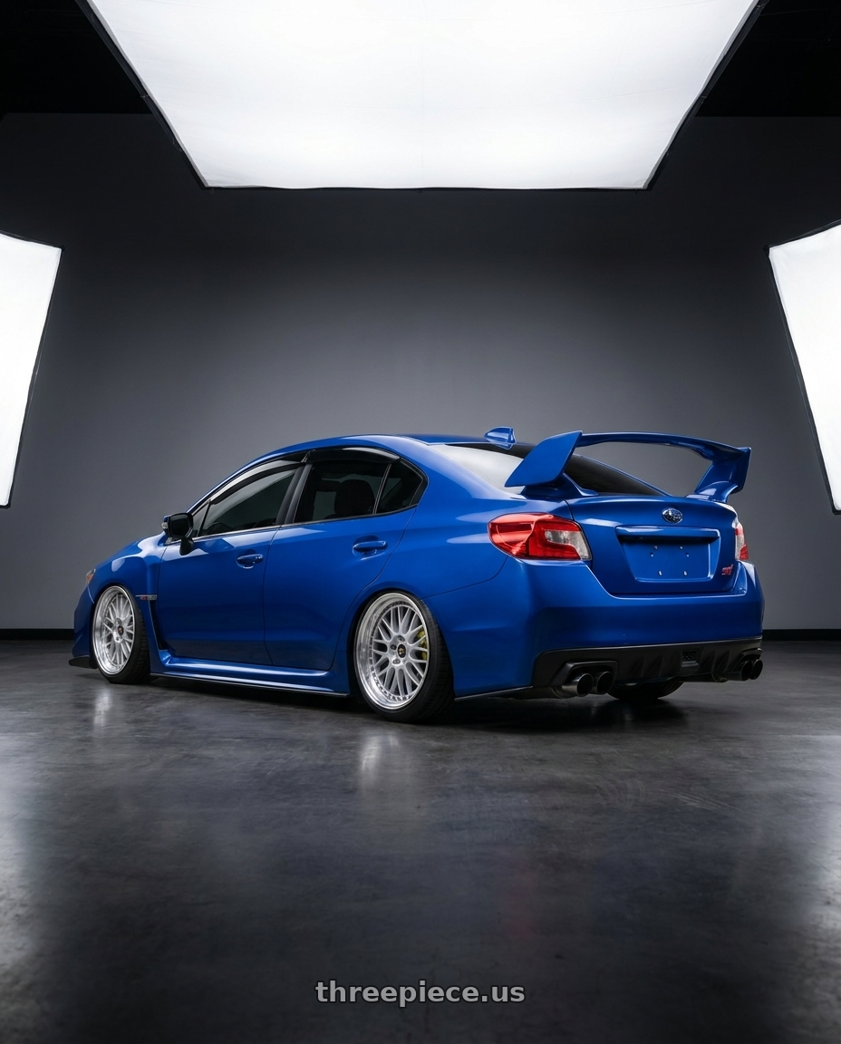2021 Subaru STI with Work Vs-Xx 5x100 18x7+51 A Disk Light Grey Silver wheels rear three quarter view slight stretch tires