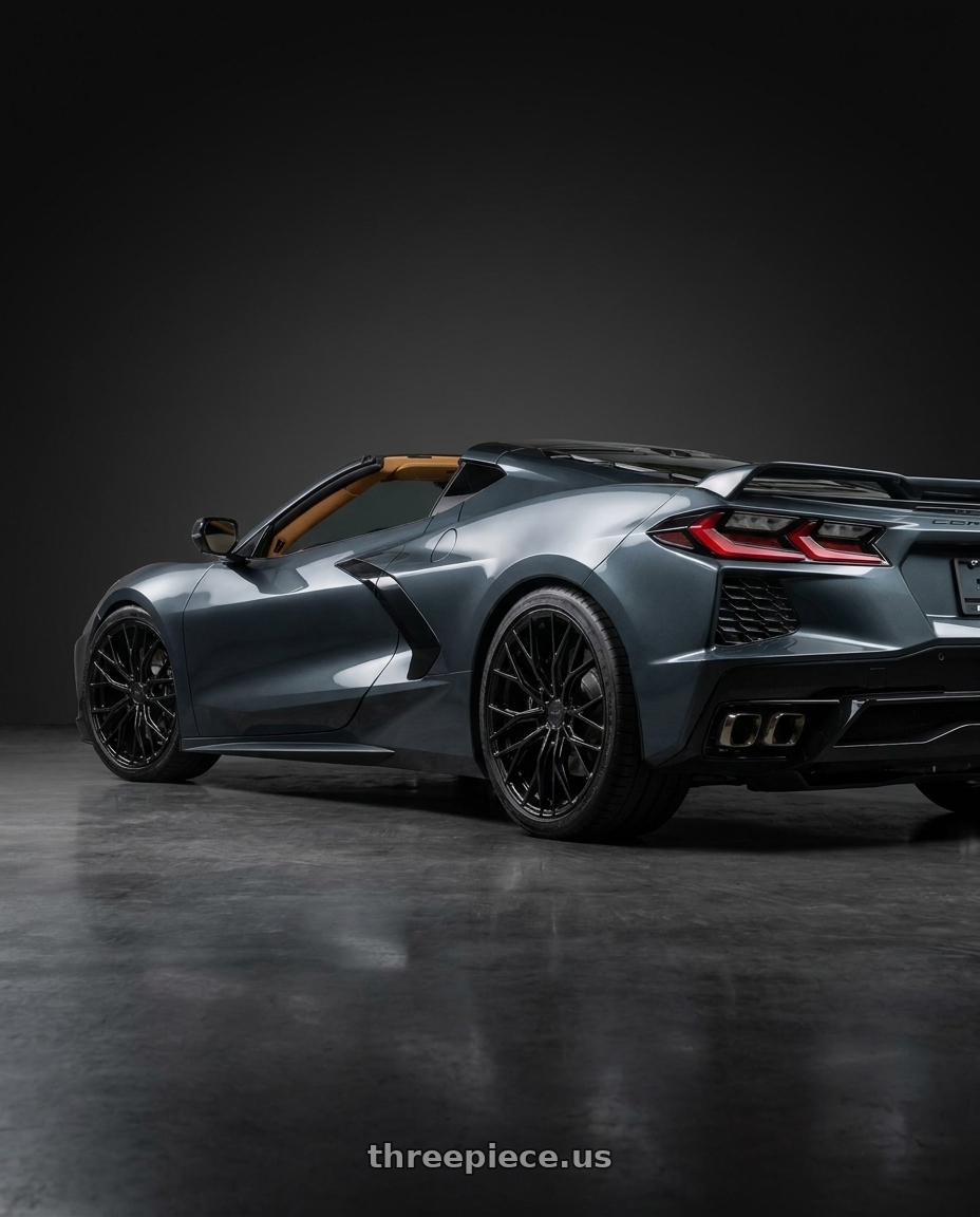 2021 Chevrolet Corvette Stingray with MRR GF5 5x120 19x8.5  +35 Black wheels rear three quarter view staggered tires