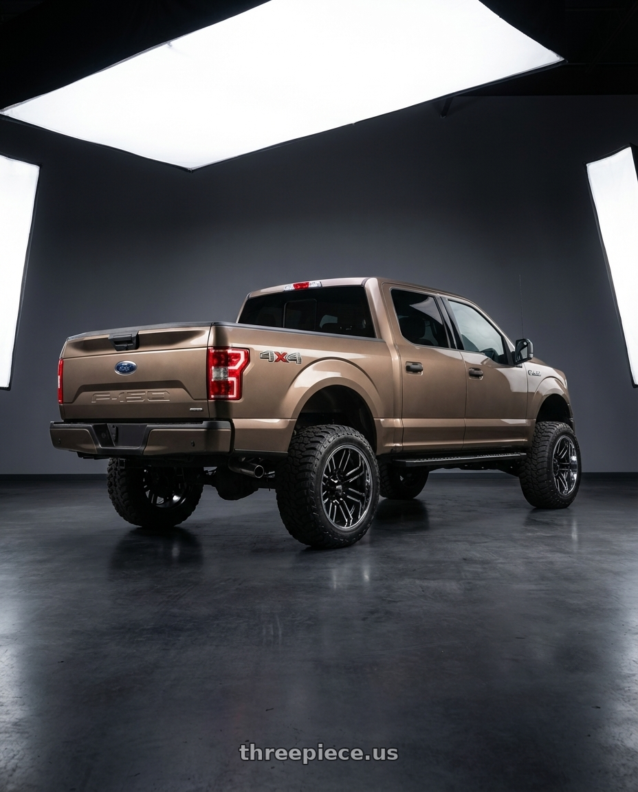 2019 Ford F-150 with Moto Metal MO202 6X135 22X12 -44 GLOSS BLACK MACHINED CENTER CHROME LIP wheels rear three quarter view meaty tires