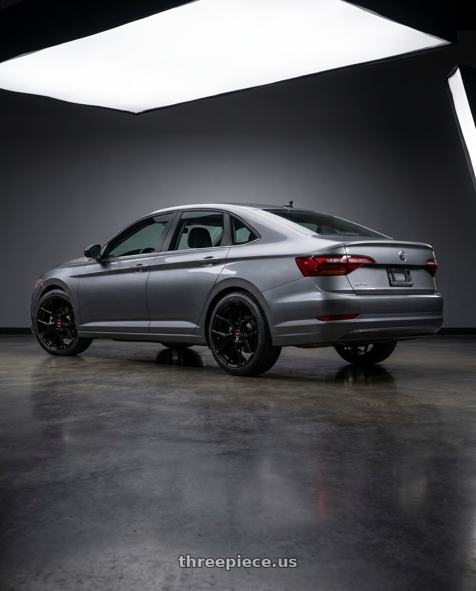 2024 VW Jetta Sport with VOSSEN HF-5 5X112 23x11 +14 GLOSS BLACK wheels rear three quarter view square tires